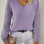 Amelia | Women's V-Neck Hollow-Sleeve Pullover Knit Sweater