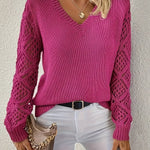Amelia | Women's V-Neck Hollow-Sleeve Pullover Knit Sweater