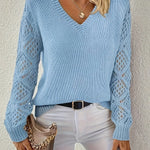 Amelia | Women's V-Neck Hollow-Sleeve Pullover Knit Sweater