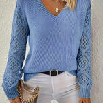 Amelia | Women's V-Neck Hollow-Sleeve Pullover Knit Sweater