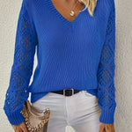 Amelia | Women's V-Neck Hollow-Sleeve Pullover Knit Sweater