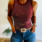 Rhinestone Decor O-neck Sleeveless Tee Slim Fit Ribbed Tank Top