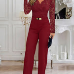 Metal Decor Scallop Trim V-Neck Lace Overlay Jumpsuit Casual Lace Long Sleeve Zipper Back Jumpsuit