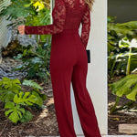 Metal Decor Scallop Trim V-Neck Lace Overlay Jumpsuit Casual Lace Long Sleeve Zipper Back Jumpsuit
