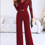 Metal Decor Scallop Trim V-Neck Lace Overlay Jumpsuit Casual Lace Long Sleeve Zipper Back Jumpsuit