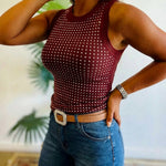 Rhinestone Decor O-neck Sleeveless Tee Slim Fit Ribbed Tank Top