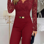 Metal Decor Scallop Trim V-Neck Lace Overlay Jumpsuit Casual Lace Long Sleeve Zipper Back Jumpsuit