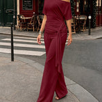 Women's Skew Neck 2 Piece Outfits Ruched Tie Waist Short Sleeve Top and High Waisted Wide Leg Pants Lounge Set