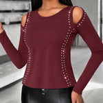 Women's Long Sleeve Top Sparkly Rhinestone Cutout Tee Slim Fit Round Neck T-Shirt