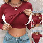 Women's Crewneck Long Sleeve Ribbed Knit Top Slim Fit Base Layer Shirt Soft Stretchy Casual Tee with Built-in Bra