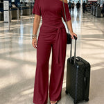 Women's Skew Neck 2 Piece Outfits Ruched Tie Waist Short Sleeve Top and High Waisted Wide Leg Pants Lounge Set