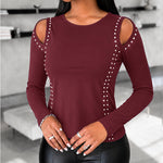 Women's Long Sleeve Top Sparkly Rhinestone Cutout Tee Slim Fit Round Neck T-Shirt