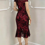 Women's Flock Floral Mesh Dress Off Shoulder Ruffle Hem Bodycon Dress Slit Evening Party Mermaid Gown