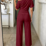 Women's Skew Neck 2 Piece Outfits Ruched Tie Waist Short Sleeve Top and High Waisted Wide Leg Pants Lounge Set