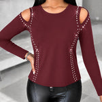 Women's Long Sleeve Top Sparkly Rhinestone Cutout Tee Slim Fit Round Neck T-Shirt