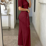 Women's Skew Neck 2 Piece Outfits Ruched Tie Waist Short Sleeve Top and High Waisted Wide Leg Pants Lounge Set