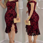 Women's Flock Floral Mesh Dress Off Shoulder Ruffle Hem Bodycon Dress Slit Evening Party Mermaid Gown