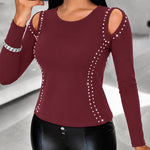 Women's Long Sleeve Top Sparkly Rhinestone Cutout Tee Slim Fit Round Neck T-Shirt