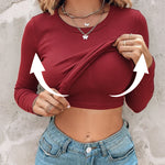 Women's Crewneck Long Sleeve Ribbed Knit Top Slim Fit Base Layer Shirt Soft Stretchy Casual Tee with Built-in Bra