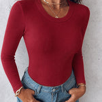 Women's Crewneck Long Sleeve Ribbed Knit Top Slim Fit Base Layer Shirt Soft Stretchy Casual Tee with Built-in Bra