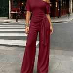 Women's Skew Neck 2 Piece Outfits Ruched Tie Waist Short Sleeve Top and High Waisted Wide Leg Pants Lounge Set