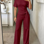 Women's Skew Neck 2 Piece Outfits Ruched Tie Waist Short Sleeve Top and High Waisted Wide Leg Pants Lounge Set