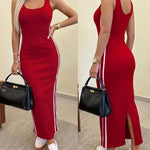 Women's Side Stripe Ribbed Maxi Dress U-Neck Sleeveless Bodycon Dress Backless Slit Tank Dress