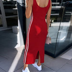 Women's Side Stripe Ribbed Maxi Dress U-Neck Sleeveless Bodycon Dress Backless Slit Tank Dress