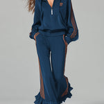 Casual Ruffle Trim Dark Blue Hooded Sweatshirt And Trousers Sports Set