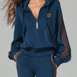 Casual Ruffle Trim Dark Blue Hooded Sweatshirt And Trousers Sports Set