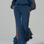 Casual Ruffle Trim Dark Blue Hooded Sweatshirt And Trousers Sports Set