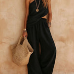 Zoey | One-Shoulder Halter Top & Wide-Leg Trouser Set