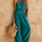 Zoey | One-Shoulder Halter Top & Wide-Leg Trouser Set