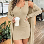 2 Pieces Outfit U-Neck Half Button Front Slim Fit Mini Tank Dress and Long Sleeve Pockets Design Mid-length Cardigan Casual Rhinestone Decor Textured Set