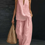 White Faux Linen V-neck Sleeveless Top And Wide-leg Pants Set