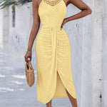 Halter Tie Criss Cross Front Ruched Knit Jacquard Textured Slit Dress Casual Hollow-out Draped Vacation Dress