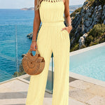 CHICME Women's Halter Tie Knit Jacquard Jumpsuit Hollow-Out Criss-Cross Front Shirred Wide-Leg Overalls