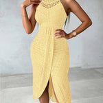 Adjustable Halter Hollow-out Back Ruched Front Slit Dress Guipure Lace Yoke Eyelet Embroidery Vacation Dress