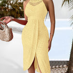 Adjustable Halter Hollow-out Back Ruched Front Slit Dress Guipure Lace Yoke Eyelet Embroidery Vacation Dress