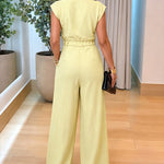 Women's Lapel V Neck Jumpsuit Cap Sleeve High Waisted Wide Leg Overalls Elegant Suit Jumpsuit