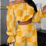 Women's Vintage Print 2 Piece Set Ruffle Off Shoulder Flared Cuff Top and Wide Leg Pants Casual Tropical Vacation Outfits