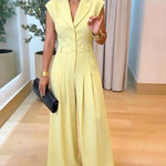 Women's Lapel V Neck Jumpsuit Cap Sleeve High Waisted Wide Leg Overalls Elegant Suit Jumpsuit