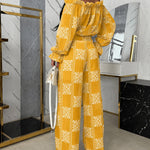 Women's Vintage Print 2 Piece Set Ruffle Off Shoulder Flared Cuff Top and Wide Leg Pants Casual Tropical Vacation Outfits