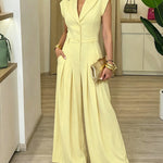 Women's Lapel V Neck Jumpsuit Cap Sleeve High Waisted Wide Leg Overalls Elegant Suit Jumpsuit