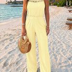 CHICME Women's Halter Tie Knit Jacquard Jumpsuit Hollow-Out Criss-Cross Front Shirred Wide-Leg Overalls