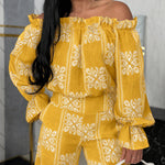 Women's Vintage Print 2 Piece Set Ruffle Off Shoulder Flared Cuff Top and Wide Leg Pants Casual Tropical Vacation Outfits