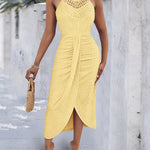 Halter Tie Criss Cross Front Ruched Knit Jacquard Textured Slit Dress Casual Hollow-out Draped Vacation Dress