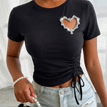 Women's Heart Cutout Rhinestone T-Shirt Short Sleeve Side Drawstring Ruched Top Slim Fit Sparkly Party Tee