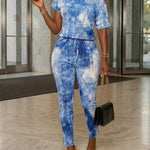 Women's Denim Look Print Skew Neck Jumpsuit Short Sleeve Drawstring Waist Slim Fit Overalls